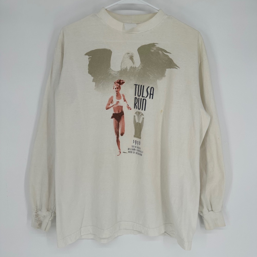 Vintage 90s 1996 Tulsa Run Long Sleeve Graphic T-Shirt Off White Cream XL Race